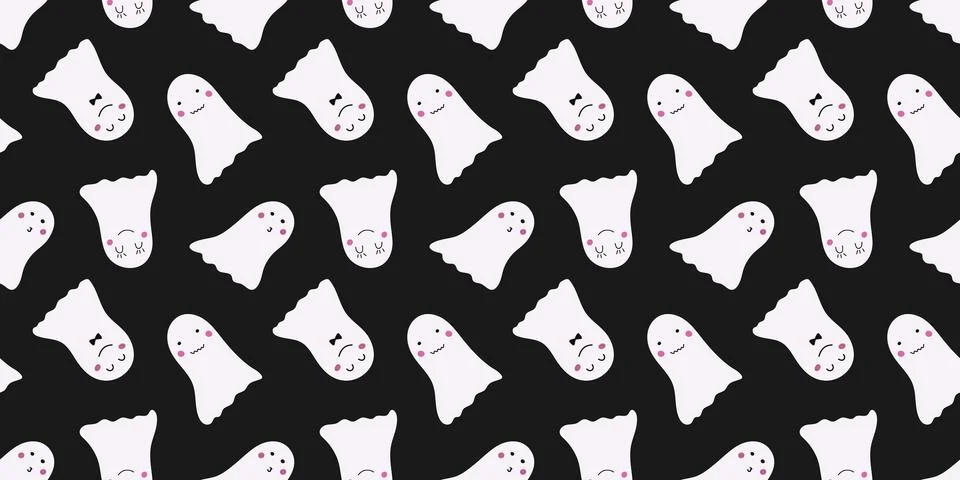 Ghosts seamless pattern in hand drawn style on black background. Flying Pha.. Stock Illustration