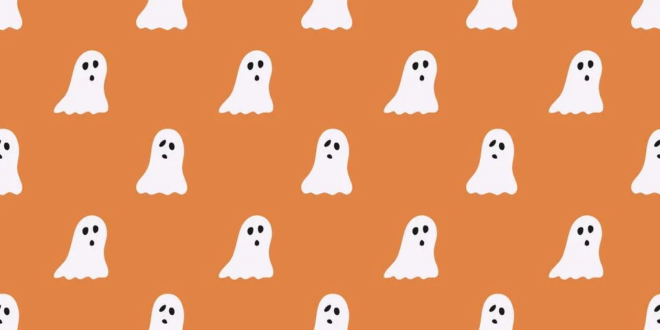 Ghosts seamless pattern in hand drawn style on orange background. Halloween.. Stock Illustration