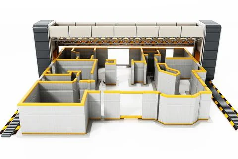 Giant 3D printer and 3D printed house exterior. 3D illustration Ilustración de archivo