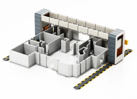 Giant 3D printer and 3D printed house exterior. 3D illustration Ilustración de archivo