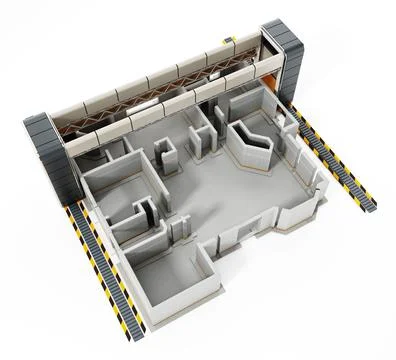 Giant 3D printer and 3D printed house exterior. 3D illustration Stock Illustration