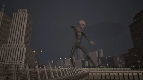 The giant alien dances in the city empty of humans Stock Footage 286805158