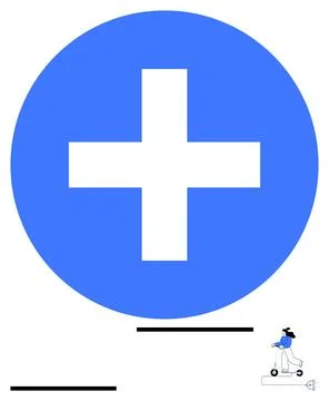 Giant blue circle with a white plus sign dominates composition. Person on a s Illustrazione stock