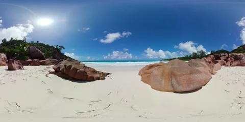Giant boulders on a pristine beach. La Digue, Seychelles. Stock Footage 307817692