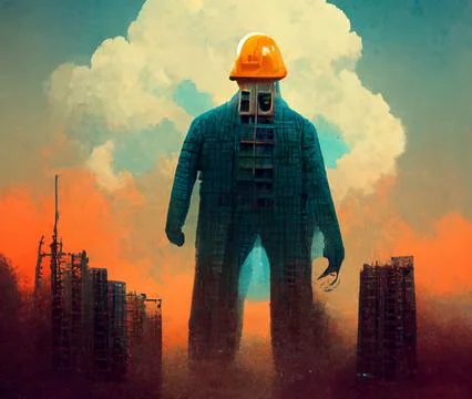A giant builder on a construction site. The most important builder in the world. Stock Illustration
