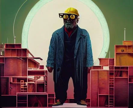 A giant builder on a construction site. The most important builder in the world. Stock Illustration