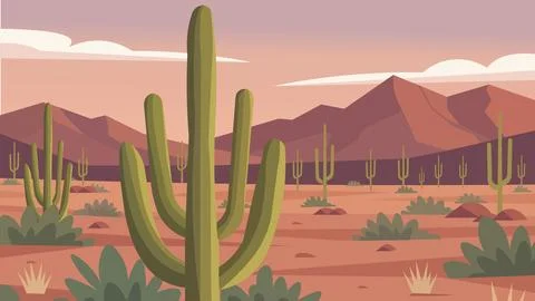 Giant Cactus Desert Flat Design Illustration Scene Stock Illustration
