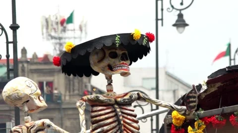 A giant cardboard skeleton puppet is shown Stock-Footage 137755516