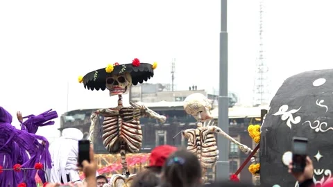 A giant cardboard skeleton puppet is shown Stock Footage 137755734