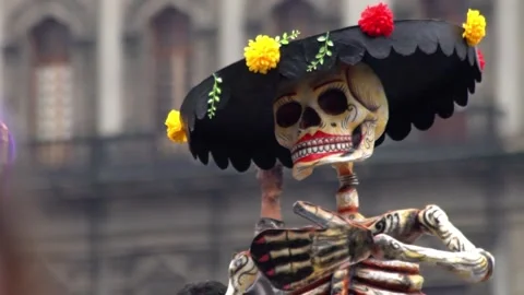 A giant cardboard skeleton puppet is shown Stock Footage 137756578