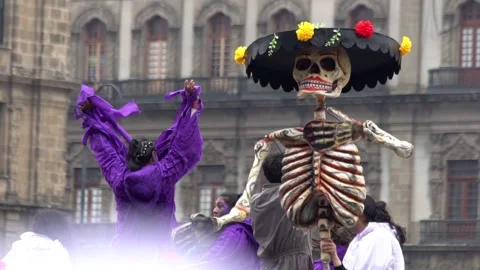 A giant cardboard skeleton puppet is shown Stock Footage 137756848