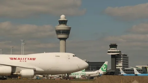 Giant cargo plane at Amsterdam airport. Slow motion. Stock Footage