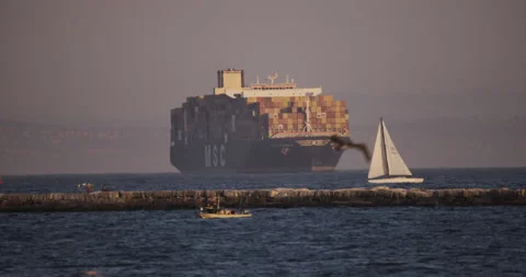 Giant Cargo Ship Waiting MSC Cargo Ship Stock Footage 162350343