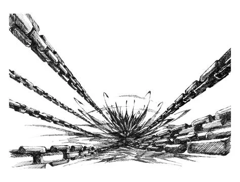 Giant chains binding a biomechanical core in deep space, sci-fi horror hand イラスト素材