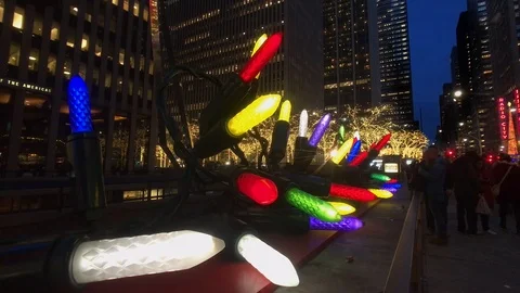 Giant Christmas Tree Light Decorations Near Radio City Music Hall on 6th Ave Stock Footage 100565749