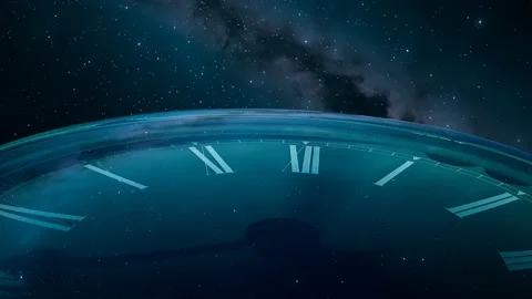 Giant clock measuring the passage of time in a vast, dark empty cosmos space. 4K Stock Footage 234303403
