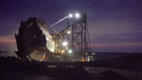 Giant Coal Mining Paddle Wheel in the Night Stock Footage