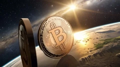 Giant Coins Orbiting Planet, Representing Global Cryptocurrency and Digital Econ Video stock 296251113