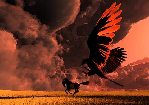 A Giant Eagle/Thunderbird chasing a lone Horse against a dramatic sky Stock Illustration
