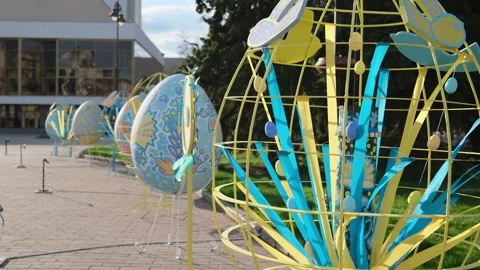 Giant Easter Eggs Street Installation Blue and Yellow Ukrainian Traditional Stock Footage 335779796