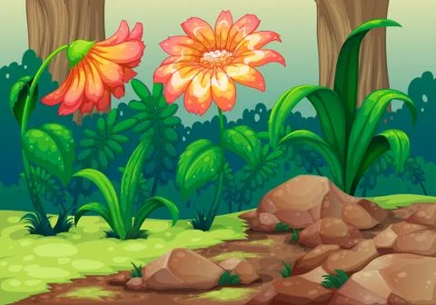 Giant flowers in the forest Illustrazione stock
