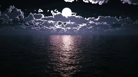 Giant full moon behind the clouds and moonlight on sea surface. 3D rendered Stock Footage 78005710