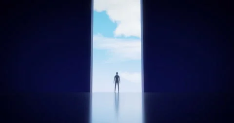 Giant gate doors open for a small man leading to the world of opportunities, 3d Stock Footage 229576215