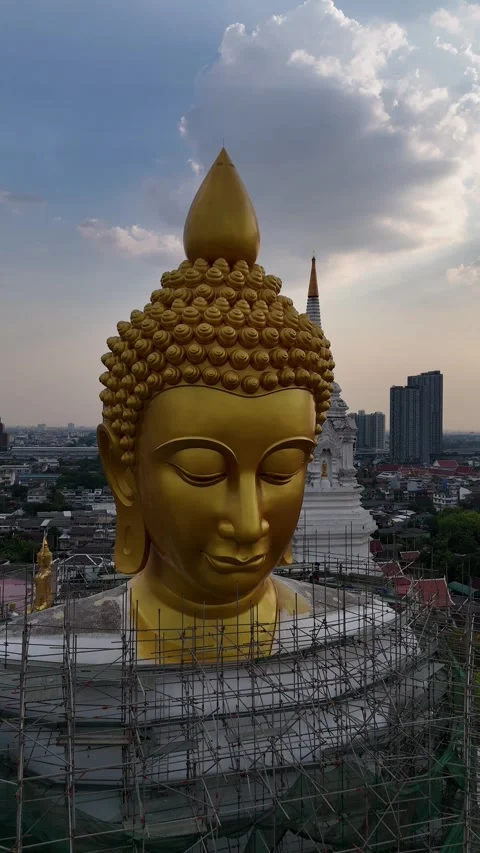 Giant Golden Buddha Head Construction in Bangkok, Thailand Stock Footage 335942780