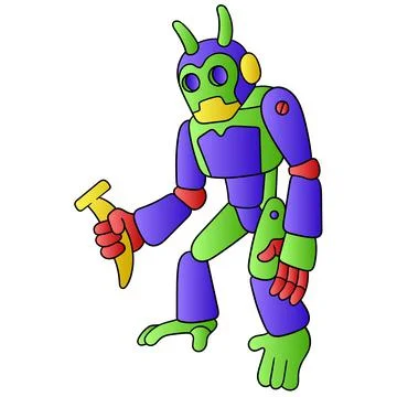 Giant gorilla robot is imitating monkey animal style holding banana fruit, do Illustrazione stock