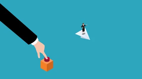 Giant Hand Pressing Launch Button for Businesswoman on Paper Plane 3d anima.. Stock Footage 327343314