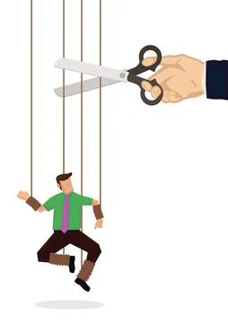 Giant hand with scissors cutting the strings attached to businessman. F Stock Illustration