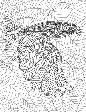 Giant Hawk Spreading Wings In Sky With Detailed Line Drawing Background Pattern Illustrazione stock