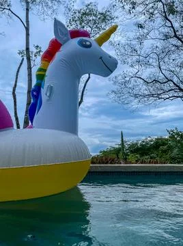 Giant Inflatable Unicorn Pool Float Floatie Ride Stock Photos