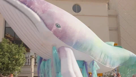 Giant Inflatable Whale Float at Menton Lemon Festival. Unique Carnival Parade Video stock 331746371