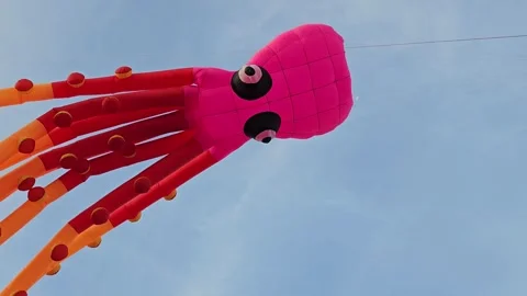 A giant inflatale octopus kite floats in the sky, its long tentacles swaying. Stock Footage 304401665