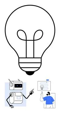 Giant Light Bulb with Robot and Man Pointing at Ideas, Representing Innovat.. Stock Illustration