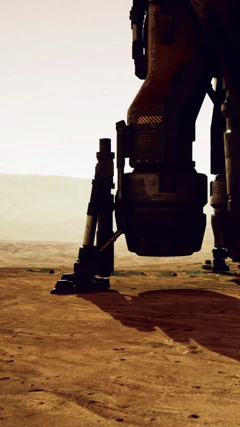 Giant mechanical leg stands boldly on the barren terrain of an alien world Stock Footage 331841273
