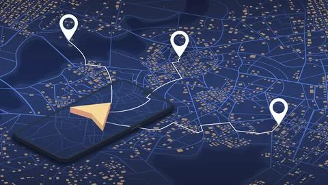 Giant mobile phone with arrow on screen. Isometric city map featuring Stock Illustration