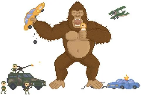 Giant monkey in pixel game layout design. King kong attacked by military in Ilustración de archivo