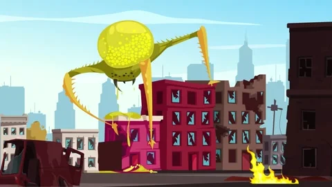 A giant, monster-like alien has attacked the city and is destroying building 스톡 동영상 332356836