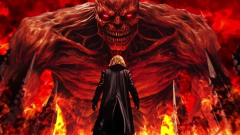 The Giant Monster from Hell in front of the man in the black cloak. Vídeos de archivo 239630248