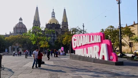 Giant monument text behind the Cathedral of Guadalajara Stock Footage 299879212