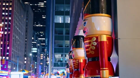 Giant Nutcrackers decorating the buildings exterior. New York, USA Stock Footage 324867096