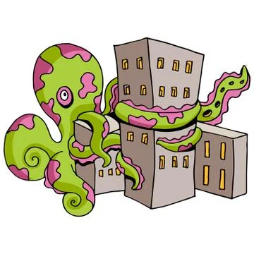 Giant octopus attacks city Stock Illustration