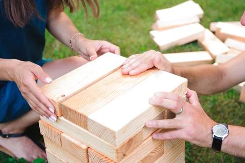 Giant Outdoor Block Game game on the green grass. Stock Photos