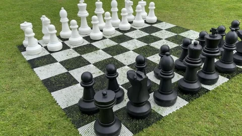 Giant Outdoor Chess Set With Large Black and White Pieces on Garden Board Stock Footage 337972771