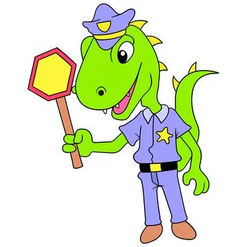 Giant reptile dinosaur as traffic cop, doodle icon image kawaii Stock Illustration