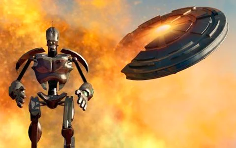 A giant robot and UFO on the attack. Stock Illustration