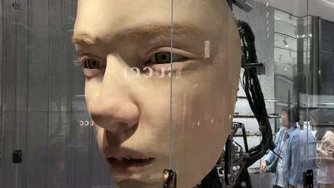 A giant robot face of Gentle Monster at Incheon Airport in South Korea Stock Footage 336276350