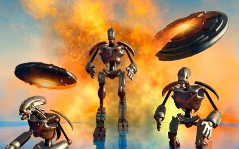 A giant robot force on the attack. Stock Illustration